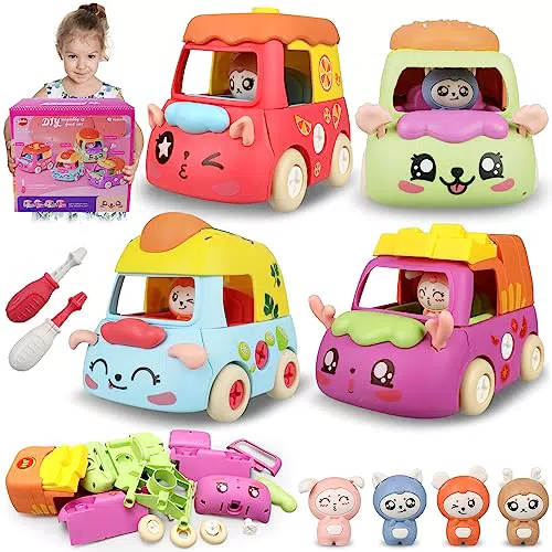 VATOS Baby Montage Spielzeugauto, 4 Stück abnehmbare Fahrzeug Spielzeugautos DIY Lebensmittel Form Auto Kinder pädagogische Montessori Spielzeug von 3 Jahren alt Jungen Mädchen Kleinkind Geschenk