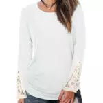WIHOLL Langarmshirt Damen Langarmshirts Sweatshirt Pullover Oversize Tunika Elegant Strickpullover Rundhals Spitzen Weiss