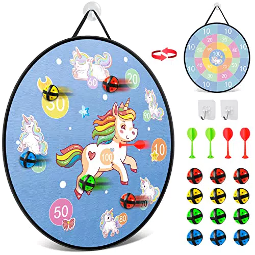 Yneze Dartscheibe für Kinder, 26" Kids Dartboard, Einhorn Themed Doppelseitig 12 Klebrige Bälle