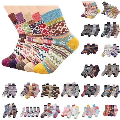 5 Paar Socken Damen Herren Wintersocken weich & warm Unisex Wollsocken Baumwollsocken Stricksocken für Männer & Frauen Vintage Stil Warme Crew Socken für Herbst & Winter