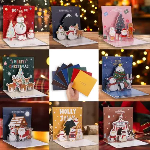 8 Stück 3D Weihnachtskarten Pop-Up Karte Weihnachten Set mit Umschlag und Aufkleber lustig 3d grußkarten weihnachten Lebkuchenmann Santa für Familie Freunde