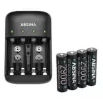 ABSINA Akku Ladegerät AA AAA & 9V Block inkl. 4X AA 2900 Akkus - NiMH Ladegerät Akku Batterien 4-Fach für aufladbare Batterien - Batterieladegerät mit Batterien - Akku Batterien mit Ladegerät