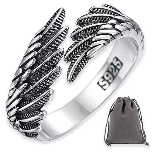 AIFUYUDM Ring Verstellbar 925 Silber Feder Ring Frauen Offene Ring Unisex Vintage Angel Ring Engels Flügel Ring für Damen Frauen Geschenk personalisiert Verlobungsringe Eheringe mit Geschenkbox