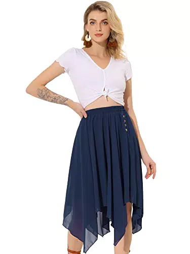 Allegra K Damen Elastische Taille Chiffon Taschentuch Saum Midi Rock Navy blau X