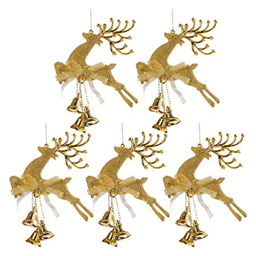 Amosfun 5pcs Christbaumschmuck Rentier Figur mit Jingle Bell Weihnachtsbaum hängenden Dekorationen für Urlaubsparty Ornamente Gold