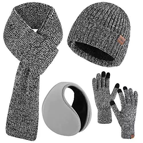 Aneco Winter Beanie Mütze Set für Herren 4 Stück Strickhandschuh Schal Beanie Mütze Ohrenschützer Set für Männer Frauen