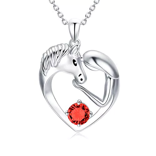 AOBOCO 925 Sterling Silber Pferde Kette Mädchen mit Simulierter Granat Januar Geburtsstein Kristall