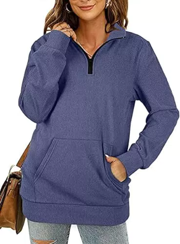 Aokosor Sweatshirt Damen Zip Hoodie Pullover V-Ausschnitt Langarmshirt Herbst Winter Strickpullover Pulli mit Taschen Lila
