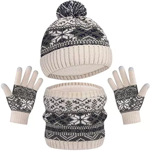 AOTOW Kinder Wintermütze Schal Handschuhe Set - 3 in 1 Warm Winter Beanie Fleecefutter Loop Babymütze Winterschal Fahrradhandschuhe Knit Hut Strickmütze Für Junge & Mädch 5-10 Jahre