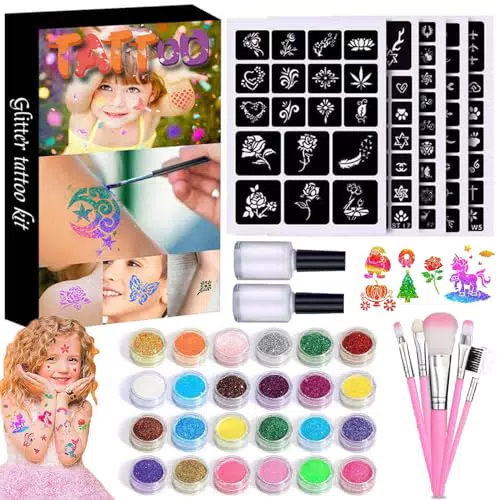 AROMUJOY Glitzer Tattoo Set Kinder, Temporäre Glitzertattoos Mädchen