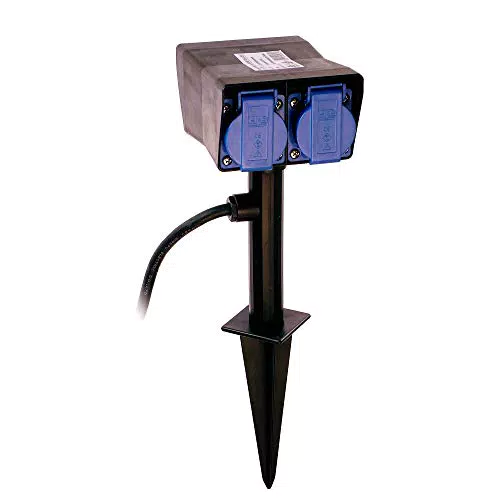 as - Schwabe Erdspieß-Verteilersteckdose 2-fach Schutzkontakt-Steckdosen 230 V / 16 A mit Timer Steckdosenverteiler mit 2 m Gummischlauchleitung & Sicherheitsklappdeckel IP44 Schwarz I 60685