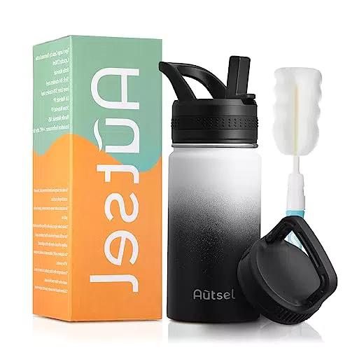 Autsel Edelstahl Trinkflasche Sport 350ml Auslaufsichere Thermosflasche mit Strohhalm Deckel Isolierflasche Doppelwand 2 Deckel für Büro Camping DARK