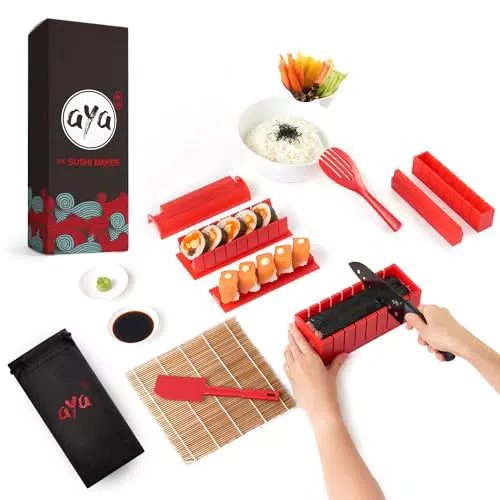 Aya Sushi Maker Kit Sushi Maker Rot Komplett mit Sushi Messer und Exklusiv Video Tutorials 11 Stück DIY Sushi Set - Einfach und Spaß für Anfänger - Sushi Rollen Maker- Maki Roll Sushi Roller