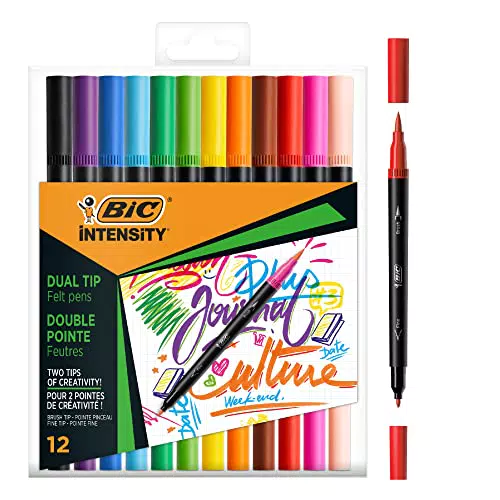 BIC Intensity Filzstifte Set, Dual Tip Brush Pen zum Malen in 12 verschiedenen Farben