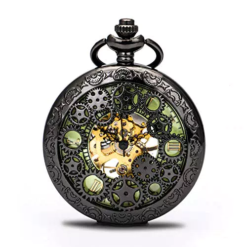 BOSHIYA Herren Taschenuhr Mechanische Leuchtende Vintage Steampunk Skelett Halbjäger Handaufzug Mechanische Taschenuhr mit Kette für Herren