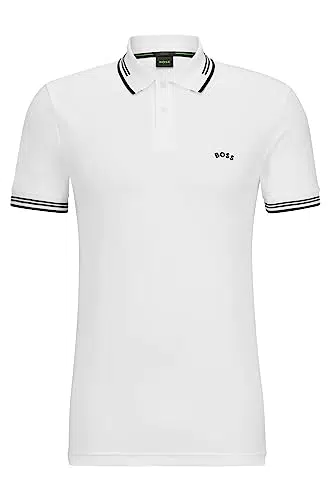 BOSS Herren Paul Curved Slim-Fit Poloshirt aus Stretch-Baumwolle mit geschwungenem Logo Weiß