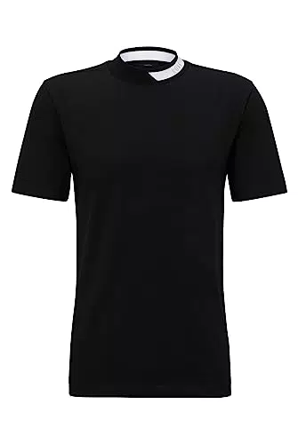 BOSS Herren Tock T-Shirt aus Stretch-Baumwolle mit Logo-Streifen aus Jacquard am Kragen Schwarz X