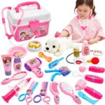 BUYGER 2 in 1 Tierarztkoffer für Kinder mit Hund, Arztkoffer Kinder Rollenspiel Spielzeug Tierarzt Spielset Hundesalon