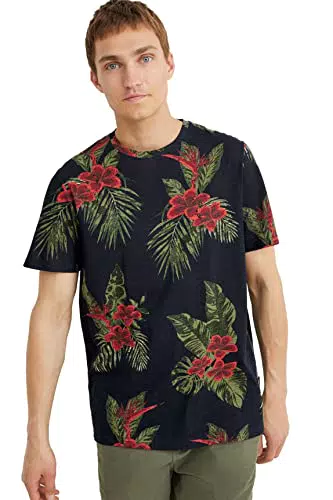 C&A Herren T-Shirt Kurzärmelig Rundhalsausschnitt Baumwolle Bedruckt dunkelblau X