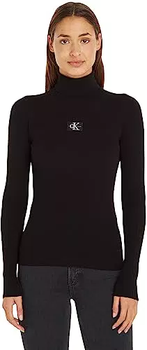 Calvin Klein Jeans Damen Pullover Badge Rollkragen, Schwarz