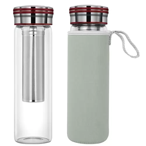 Cleesmil 500ml Teeflasche mit Sieb to go, Trinkflasche Glas mit Siebeinsatz