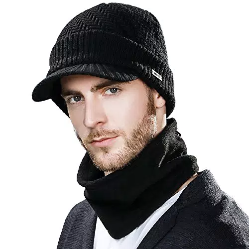 Comhats Winter-Set mit Wollgestrickter Schirmmütze und Fleece-Schal/Halswärmer für Herren und Damen - Warme gestrickte Schirmmütze 69311_Schwarz