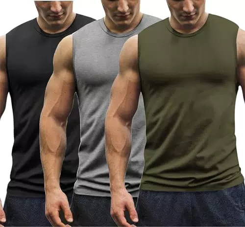 COOFANDY Herren Muskelshirt axelshirt Tank Top 3er Muscle Shirt ärmelloses Vest Athletic Unterhemden Rundhals-Ausschnitt Schwarz/Armee Grün/Grau