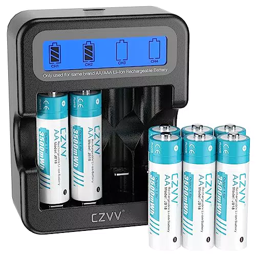 czvv Wiederaufladbare Batterien AA Lithium 1, 5V - Hoher Kapazität 3500mWh - 1300 Ladezyklen - 8 Stück Akkus mit LCD-Anzeige Ladegerät