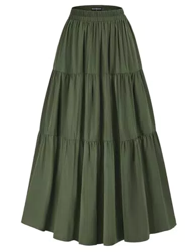 Damen Maxirock Elastische Hohe Taille Swing-Rock mit Taschen A-Linie Sommer Casual Trachtenrock Olivgrün X