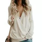 Damen Pullover Herbst Winter Pulli V Ausschnitt Kreuz Strickpullover Sexy Elegant Loose Oberteile Sweatshirt Langarmshirt Tunika Tops M