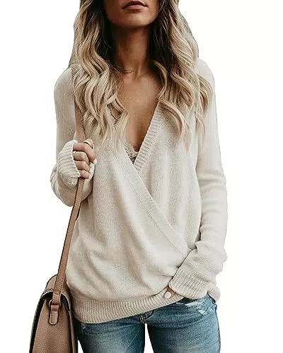 Damen Pullover Herbst Winter Pulli V Ausschnitt Kreuz Strickpullover Sexy Elegant Loose Oberteile Sweatshirt Langarmshirt Tunika Tops M