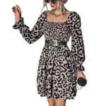 Damen Sexy Kurzes Kleid eckiger Kragen Langarm Hohe Taille Rückenfrei Freizeitkleid Strandkleid Partykleid Cocktailkleid Elegant Tunikakleid mit Leopardenmuster und Gürtel