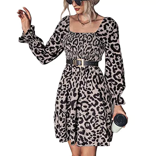 Damen Sexy Kurzes Kleid eckiger Kragen Langarm Hohe Taille Rückenfrei Freizeitkleid Strandkleid Partykleid Cocktailkleid Elegant Tunikakleid mit Leopardenmuster und Gürtel