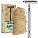 DEKOFY Rasierhobel Silver Edition - inkl. Reisebeutel & 5 Rasierklingen - Plastikfreier Rasierer aus Edelstahl