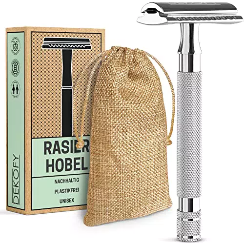 DEKOFY Rasierhobel Silver Edition - inkl. Reisebeutel & 5 Rasierklingen - Plastikfreier Rasierer aus Edelstahl