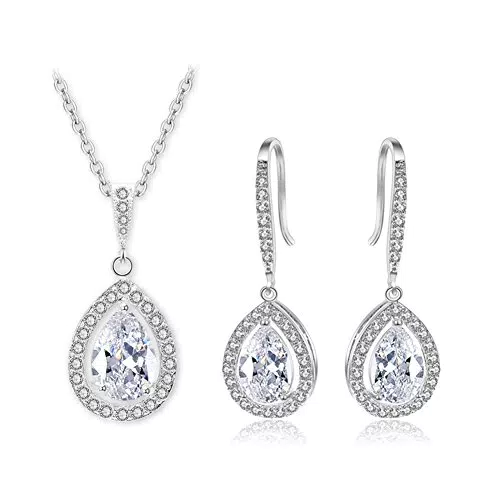 Deyanse Schmuckset Silber für Damen, Haken Ohrringe Hängend & Halskette mit Weiß Tropfen Zirkonia CZ Luxus Schmuck