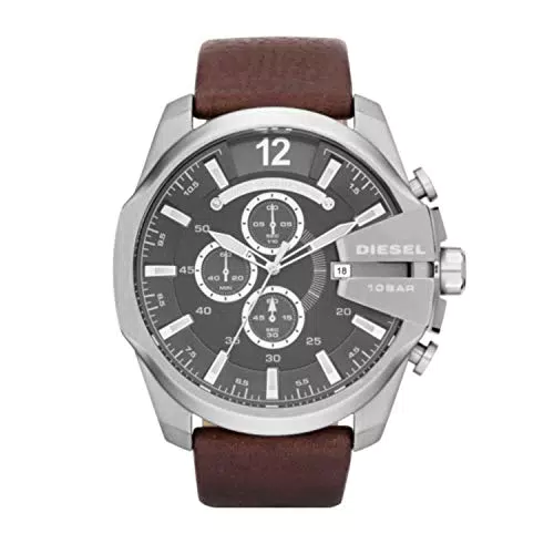 Diesel Herrenuhr Mega Chief, Chronographenwerk, 59mm Silber / Stahl Edelstahlgehäuse mit einem Lederarmband