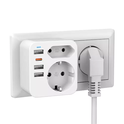 Doppelstecker für Steckdose, Mehrfachsteckdose mit 1 Typ-C und 3 USB