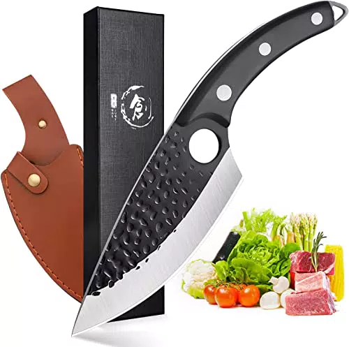 DRAGON RIOT Kochmesser, Scharfes Küchenmesser Japanisches Handgeschmiedetes Wikinger Messer Ausbeinmesser Fleischmesser Full Tang Outdoor Messer mit PU-Scheide für Grill