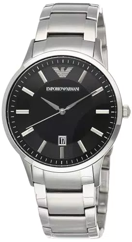 Emporio Armani Herrenuhr, DreizeigerDatumswerk, 43mm Silbernes Edelstahlgehäuse mit Edelstahlarmband