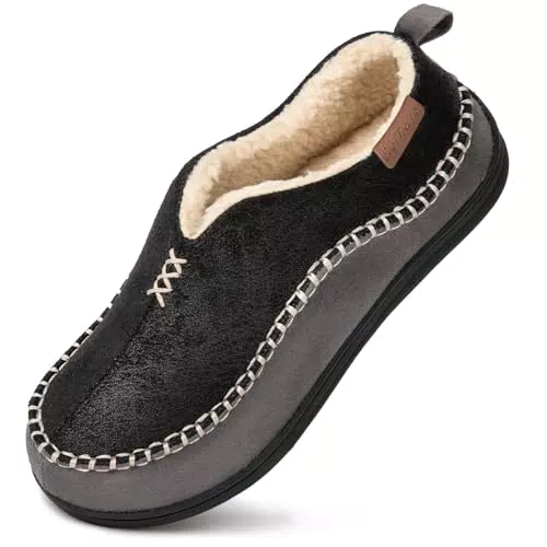 EverFoams Herren Kunstleder Hausschuhe mit Memory Foam für Indoor Outdoor Schwarz