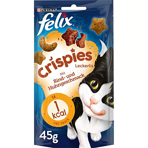 FELIX Crispies Katzensnack, Knusper-Leckerlie mit Rind- und Huhngeschmack 8er Pack