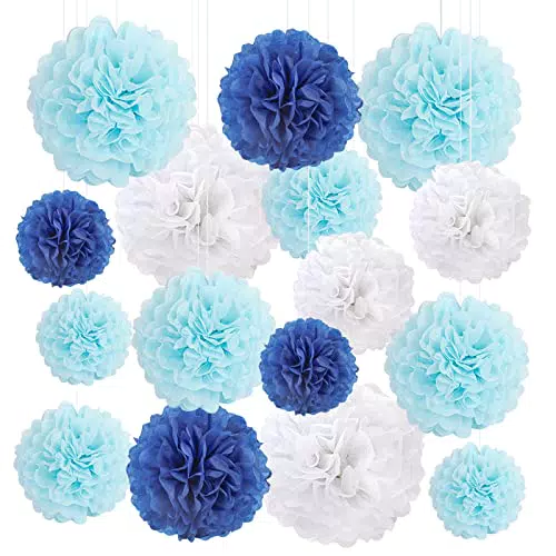 Figarge Hochzeitsfeier-Dekorationen 16 Stück Pompons aus Seidenpapier Blau und Weiß für eine neutrale Babyparty