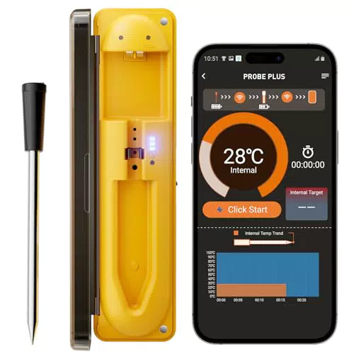 Fleischthermometer Kabellos Smart-Grillthermometer Bluetooth Verbindung 120m APP-Steuerung Kerntemperaturmesser Bratenthermometer für Backofen
