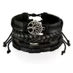 Flongo Lederarmband Leder-Armband, 3 Stück Armband Set Damenarmband Herrenarmband Leder Surfer Wickeln Geflochten Kordelkette Schwarz Baum des Lebens Armreif für Frauen Männer