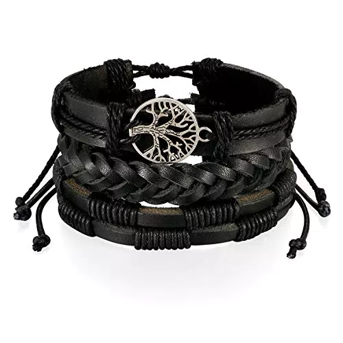 Flongo Lederarmband Leder-Armband, 3 Stück Armband Set Damenarmband Herrenarmband Leder Surfer Wickeln Geflochten Kordelkette Schwarz Baum des Lebens Armreif für Frauen Männer