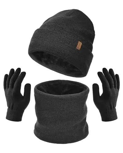 FURTALK Unisex Beanie Schal und Handschuhe im 3er-Set Herren Damen Wintermütze Winterschal Touchscreen Handschuhe mit weiches Fleecefutter