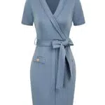GRACE KARIN Damen Business Bodycon Kleid Elegant Bleistiftkleid Kurzarm V-Ausschnitt Cocktailkleid Büro Party Kleid Pencil Dress mit Gürte Grau Blau CL2004S23-3_