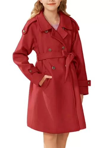 GRACE KARIN Mädchen Wintermantel Warmer Mäntel Zweireihige Wollmantel Langarm Jacken Elegante lässige Tweedjacke für Mädchen mit Gürtel Rot 5-6 Jahre