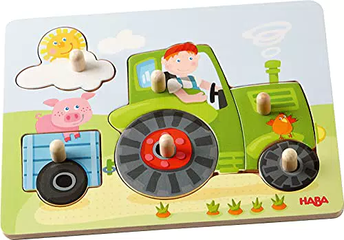 HABA 302535 - Greifpuzzle Peters Bauernhof, 6-teiliges Holzpuzzle mit großen